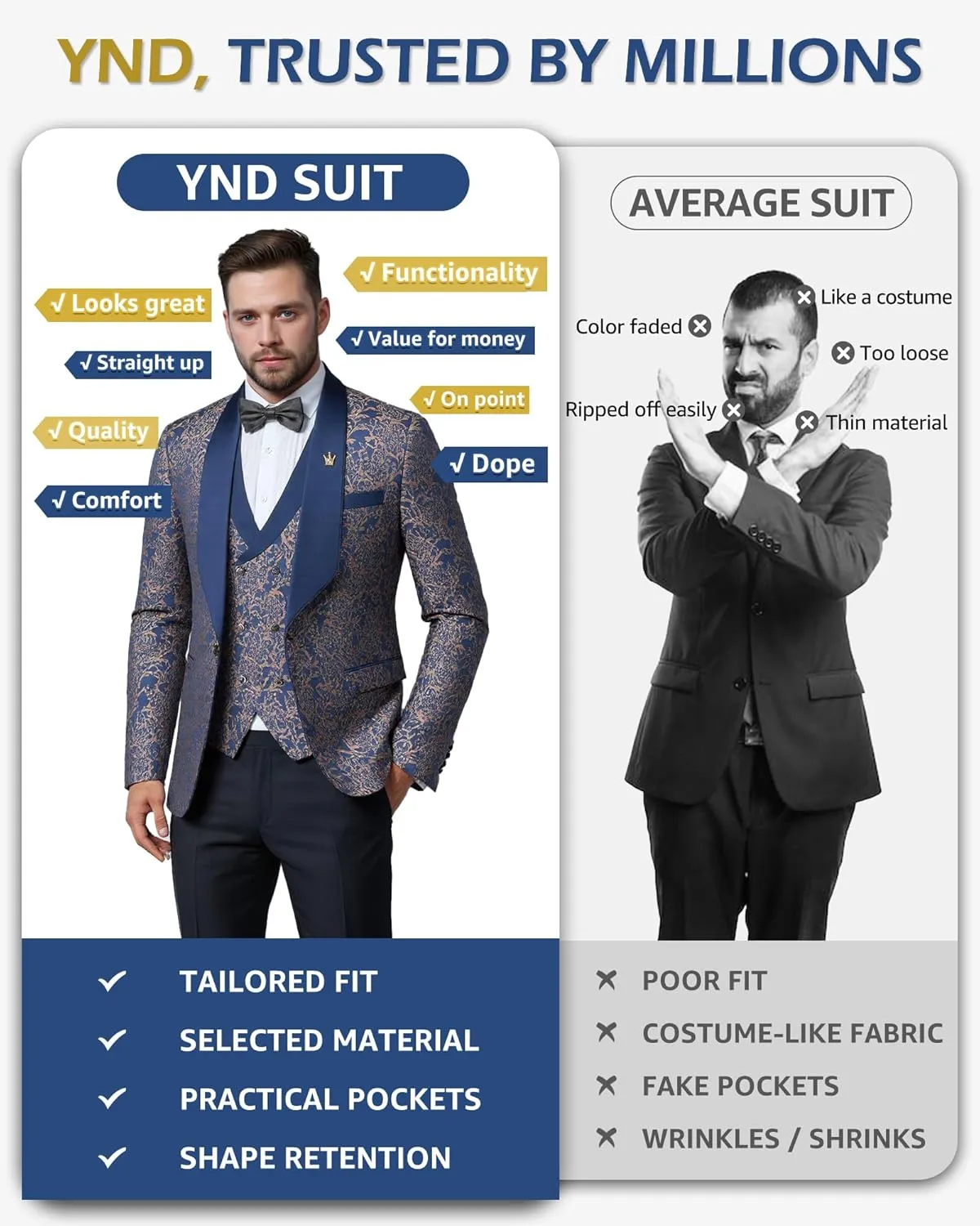 YND Men's 3 Piece Slim Fit Tuxedo Set, Solid Shawl Collar Jacquard Jacket Vest Button Pants