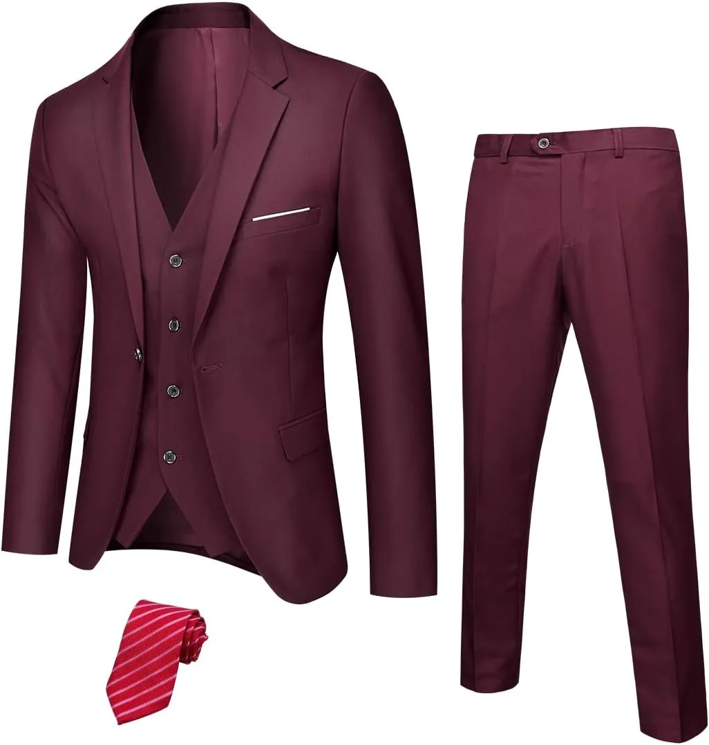 YND Men's 3 Piece Slim Fit Tuxedo Set, Solid Shawl Collar Jacquard Jacket Vest Button Pants