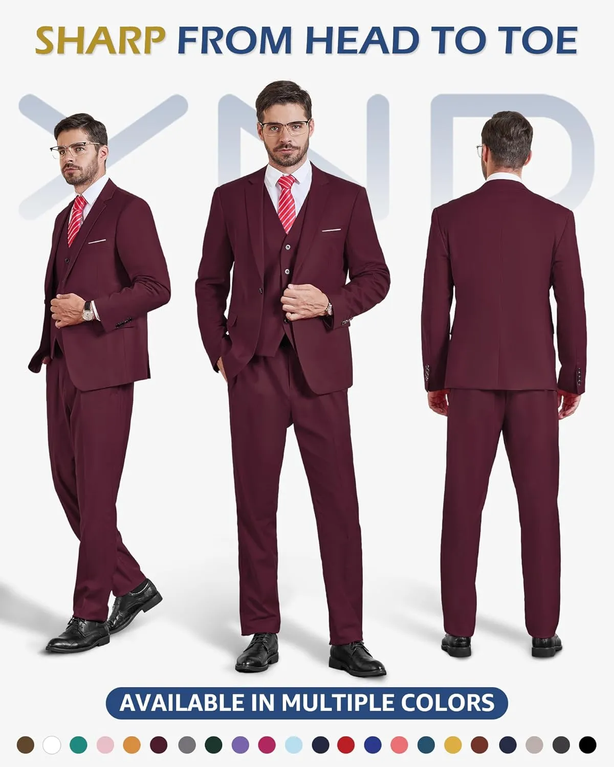 YND Men's 3 Piece Slim Fit Tuxedo Set, Solid Shawl Collar Jacquard Jacket Vest Button Pants