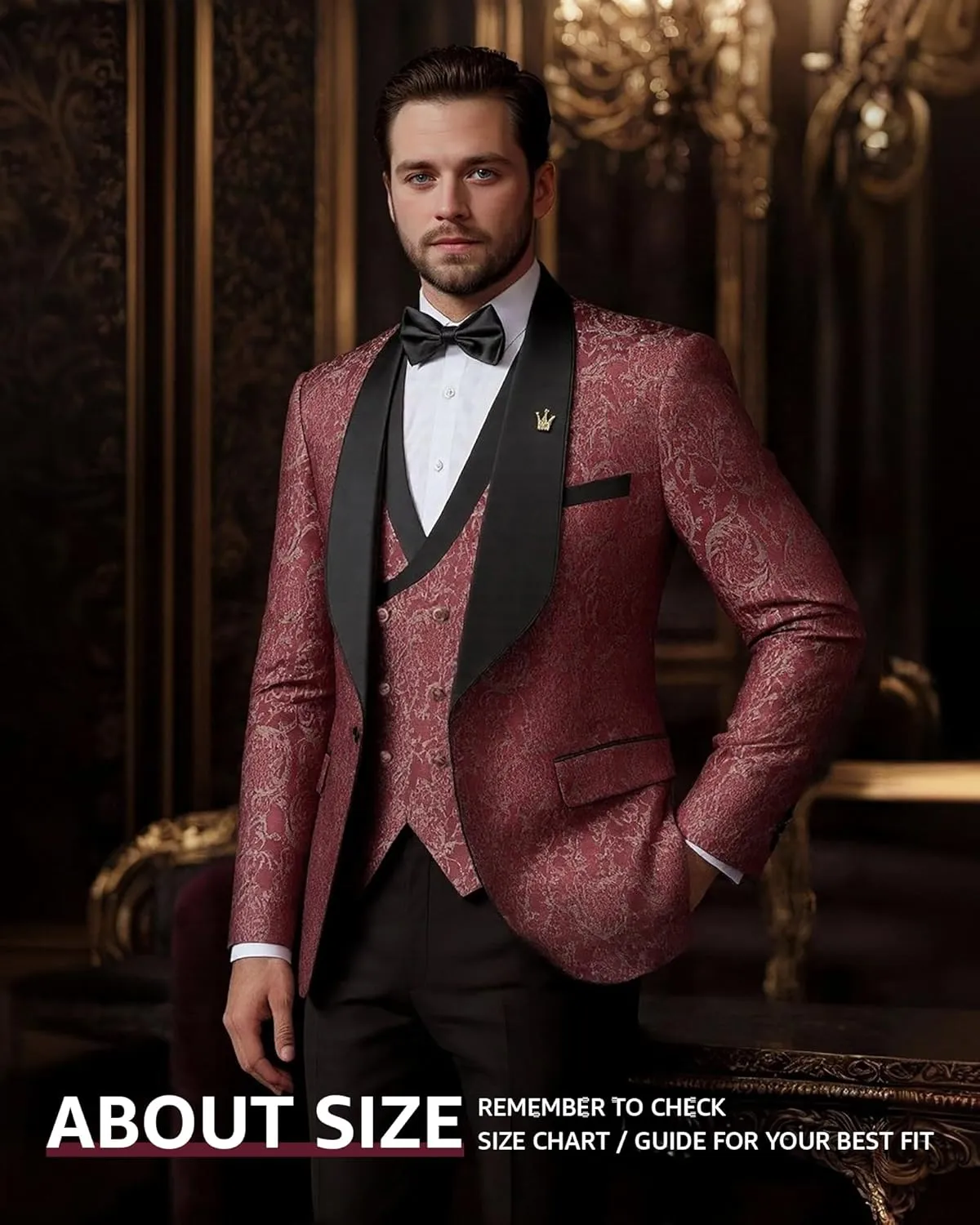 YND Men's 3 Piece Slim Fit Tuxedo Set, Solid Shawl Collar Jacquard Jacket Vest Button Pants