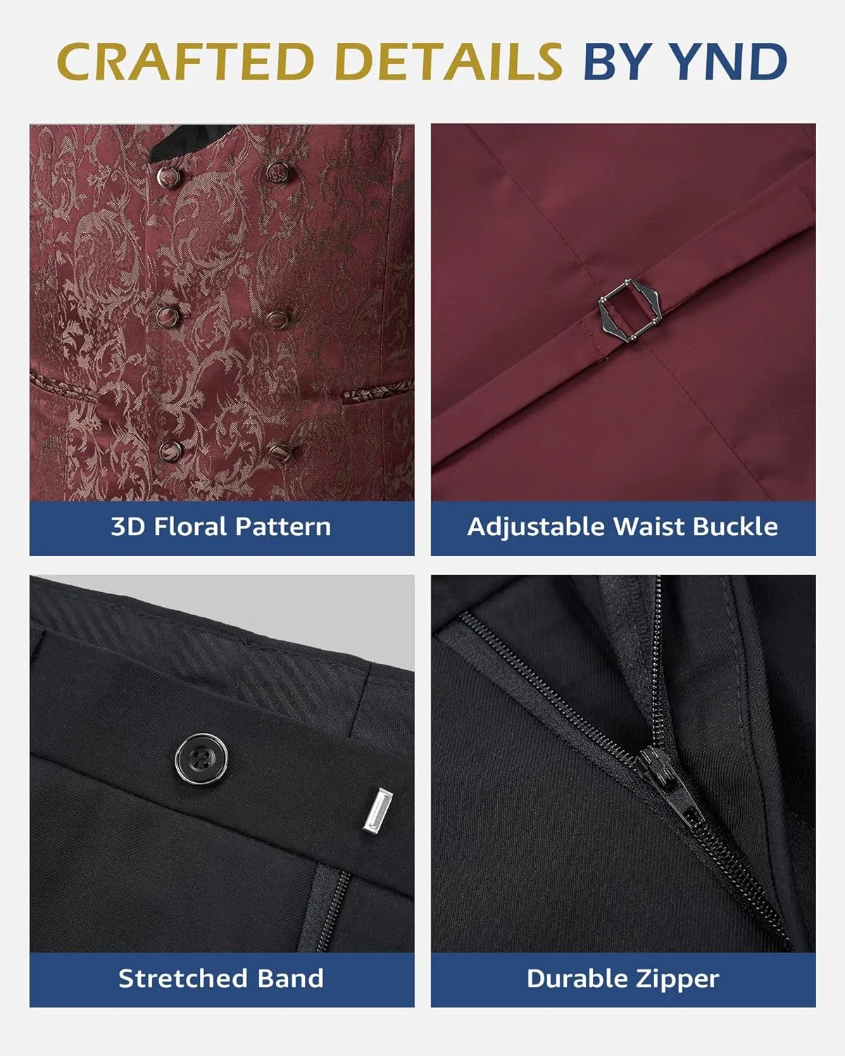 YND Men's 3 Piece Slim Fit Tuxedo Set, Solid Shawl Collar Jacquard Jacket Vest Button Pants