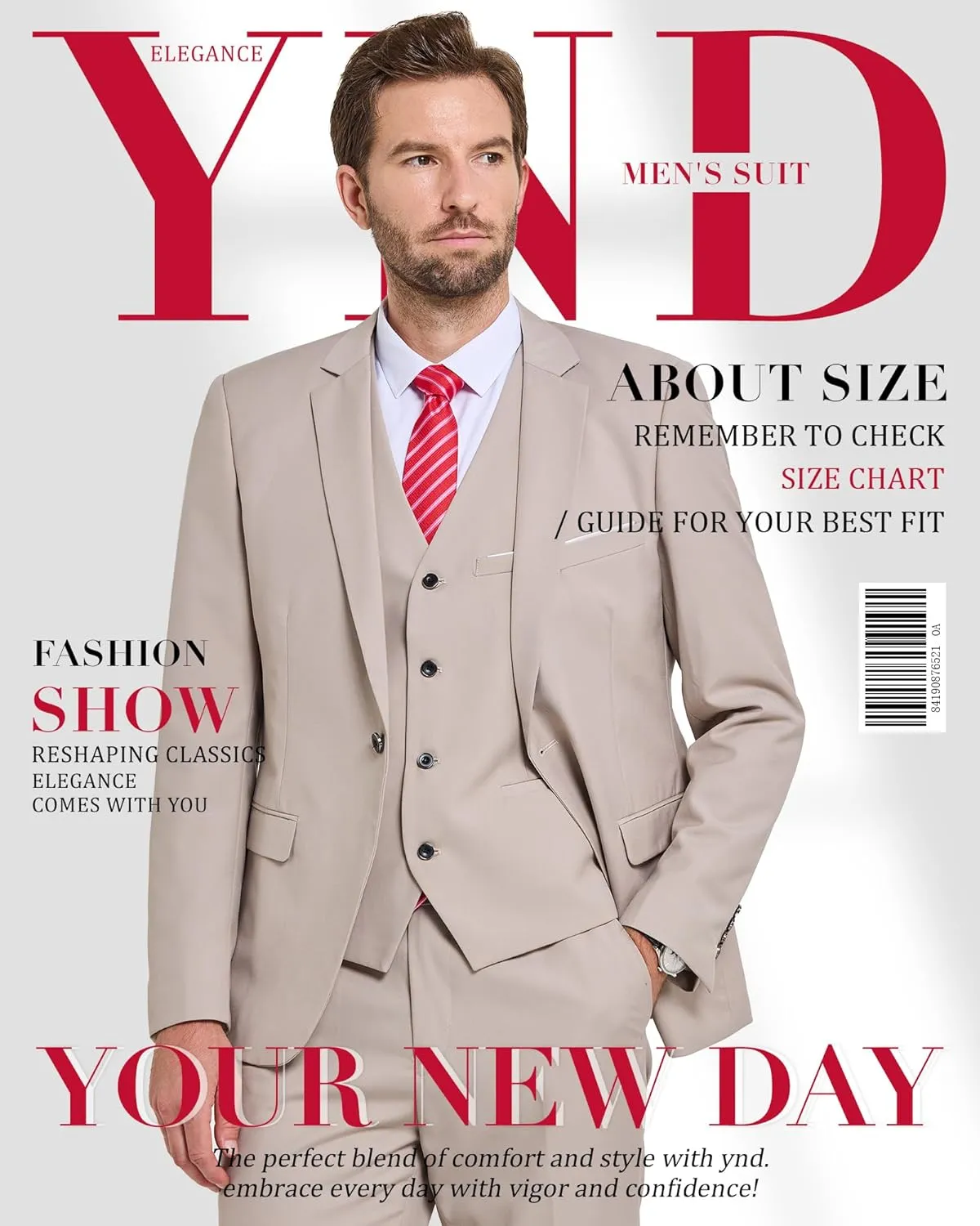 YND Men's 3 Piece Slim Fit Tuxedo Set, Solid Shawl Collar Jacquard Jacket Vest Button Pants