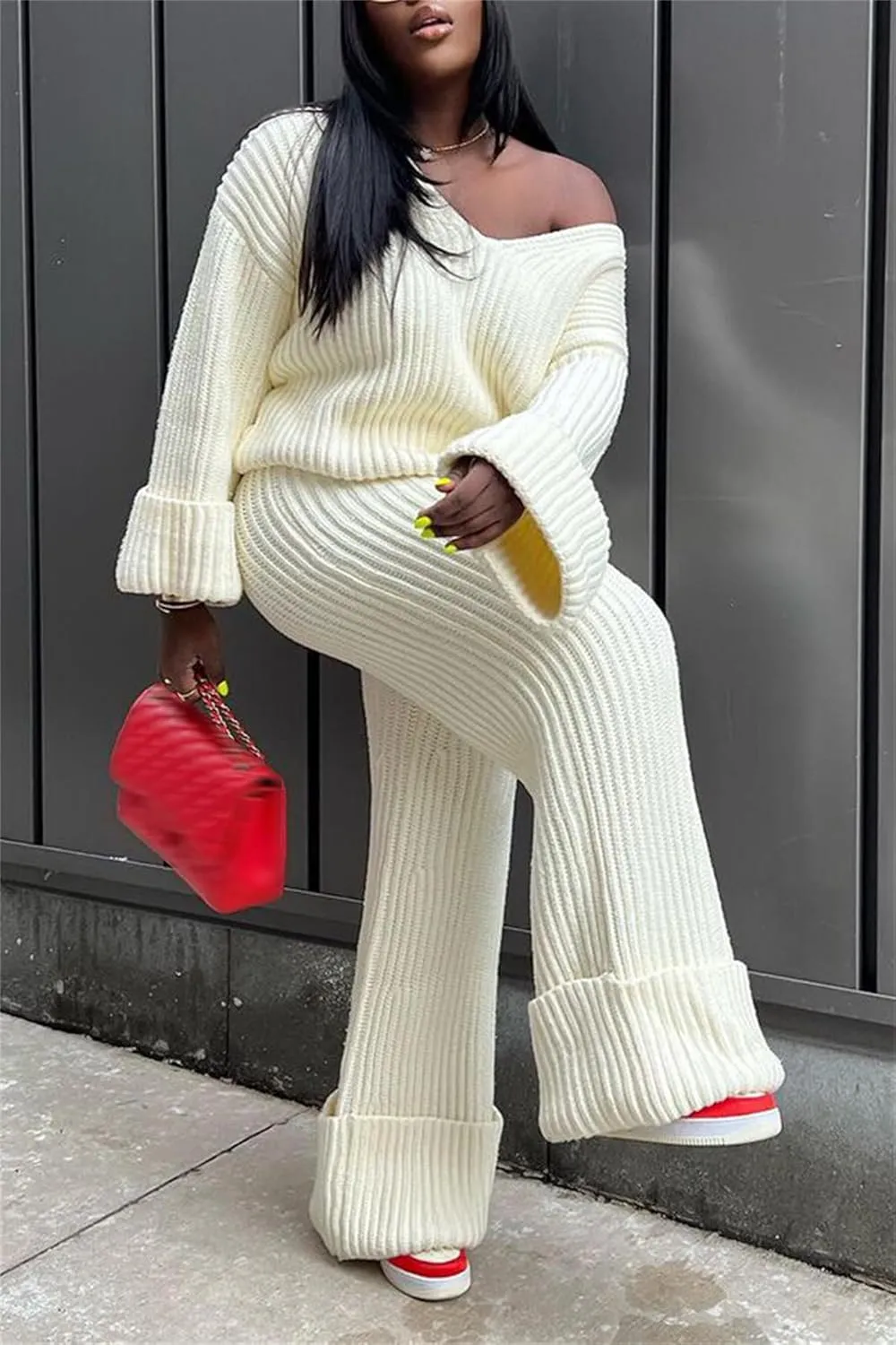 YOOTIKO Women 2 Piece Outfit Comfy Knit Set V Neck Top Wide Leg Pants Fall Casual Sweater Track Suit
