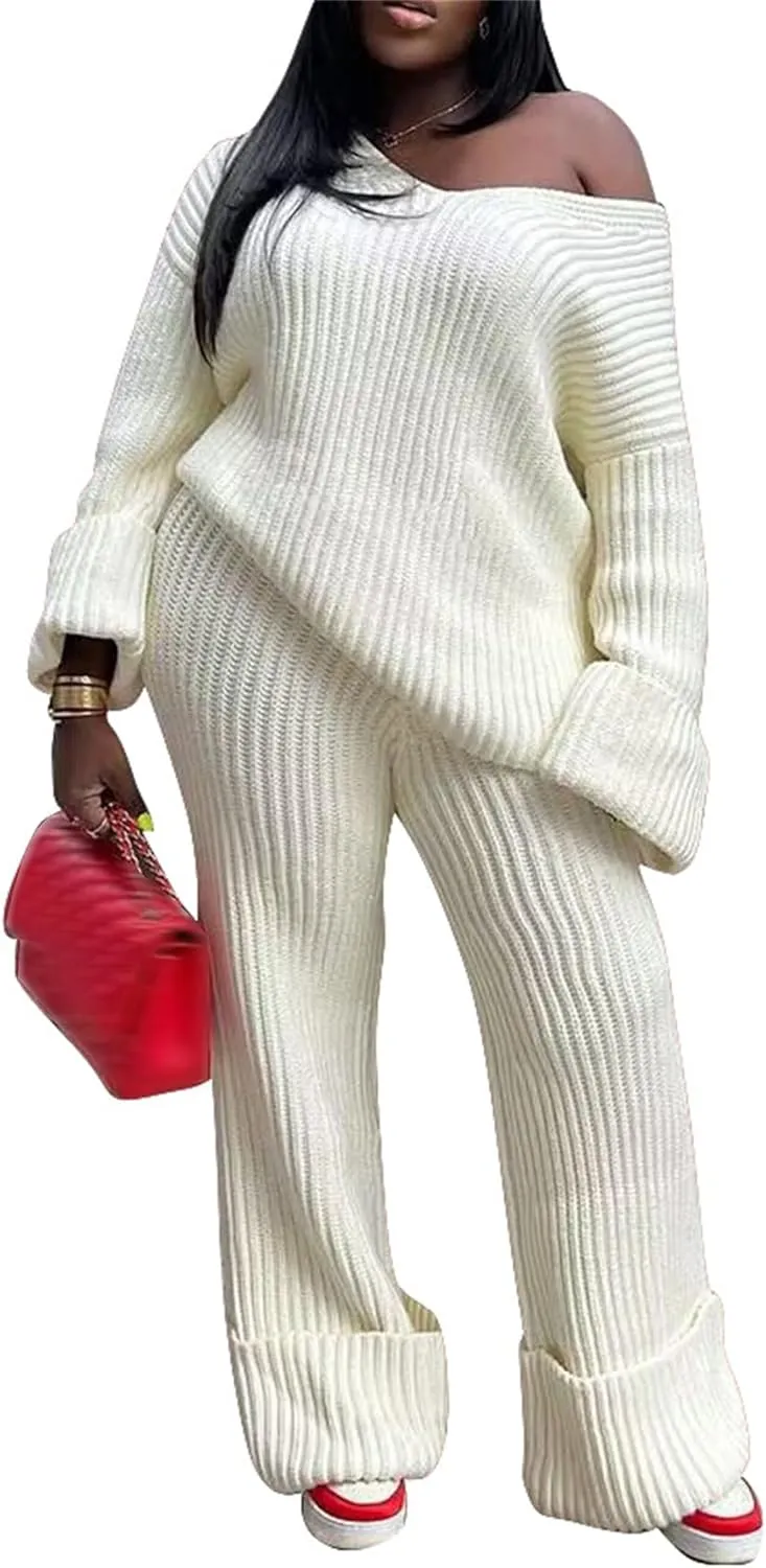 YOOTIKO Women 2 Piece Outfit Comfy Knit Set V Neck Top Wide Leg Pants Fall Casual Sweater Track Suit