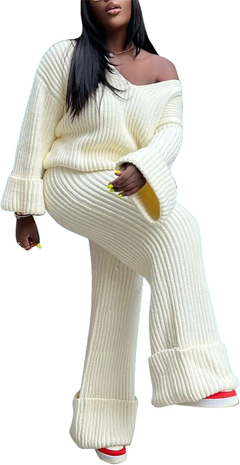 YOOTIKO Women 2 Piece Outfit Comfy Knit Set V Neck Top Wide Leg Pants Fall Casual Sweater Track Suit