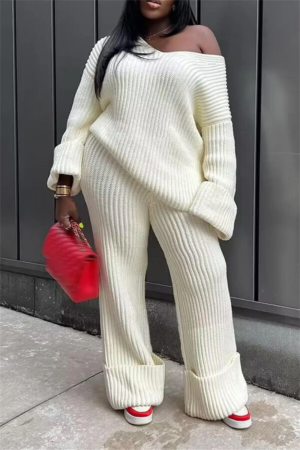 YOOTIKO Women 2 Piece Outfit Comfy Knit Set V Neck Top Wide Leg Pants Fall Casual Sweater Track Suit