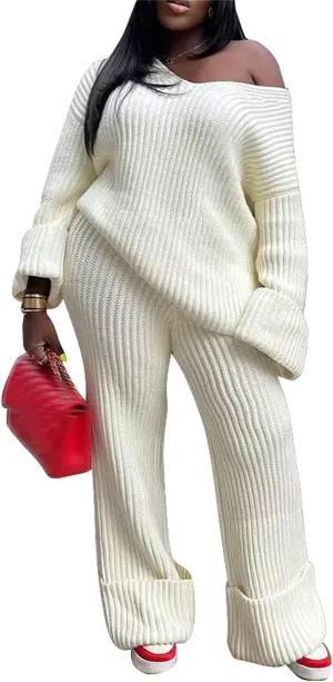 YOOTIKO Women 2 Piece Outfit Comfy Knit Set V Neck Top Wide Leg Pants Fall Casual Sweater Track Suit