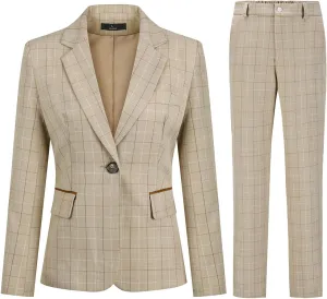 YYNUDA Women's Business Plaid Suit Set Lady 2 Piece 1 Button Office Blazer Jacket and Pants for Work