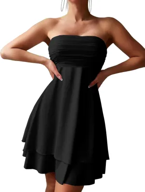 ZAFUL Women Mini Tube Dress Summer Strapless Sexy Mesh Off Shoulder Ruffle Tiered Flowy Party Dresses