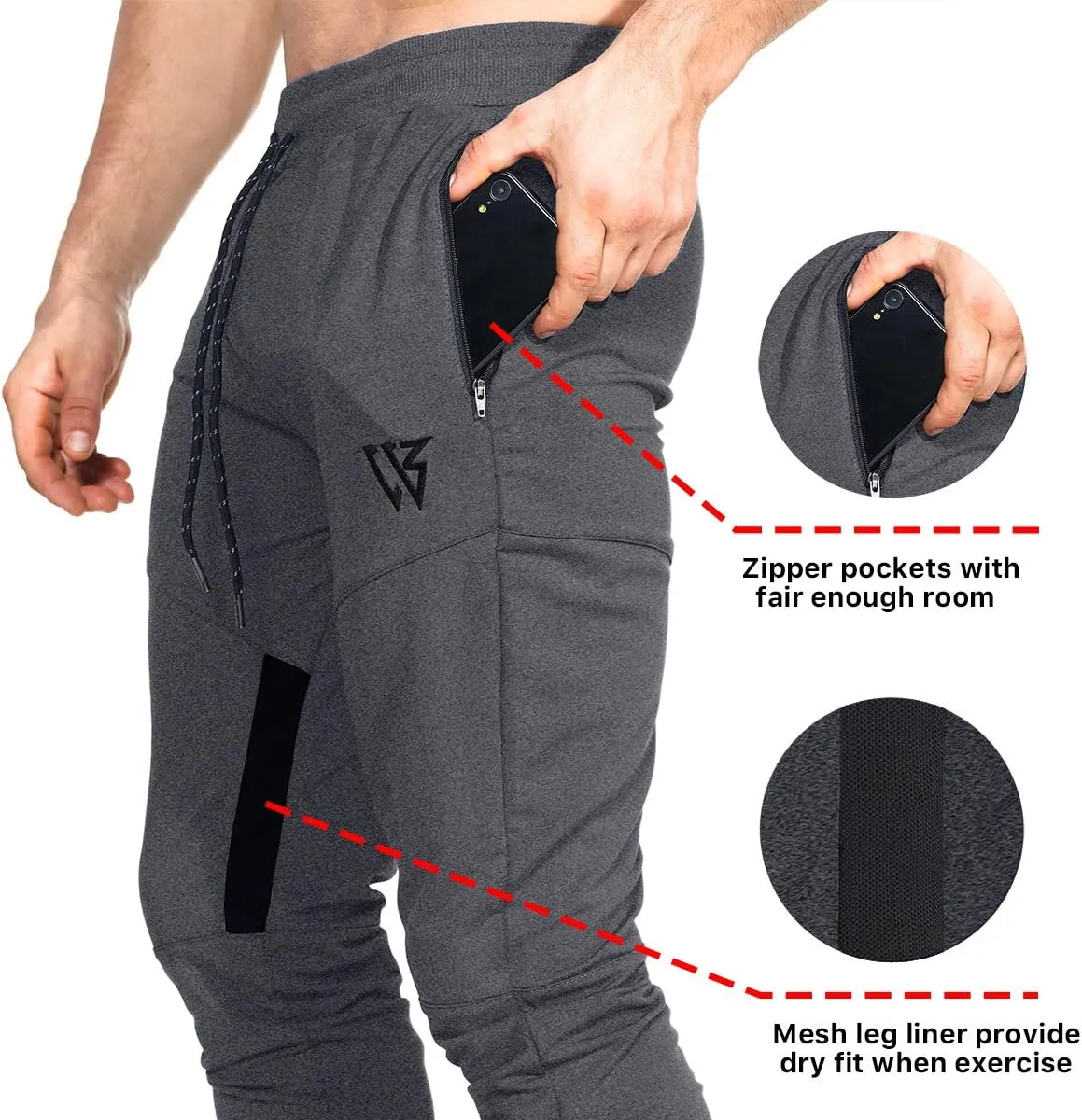 ZENWILL Mens Tapered Workout Running Pants,Gym Jogger Training Sweatpants Slim Fit with Zip Pockets