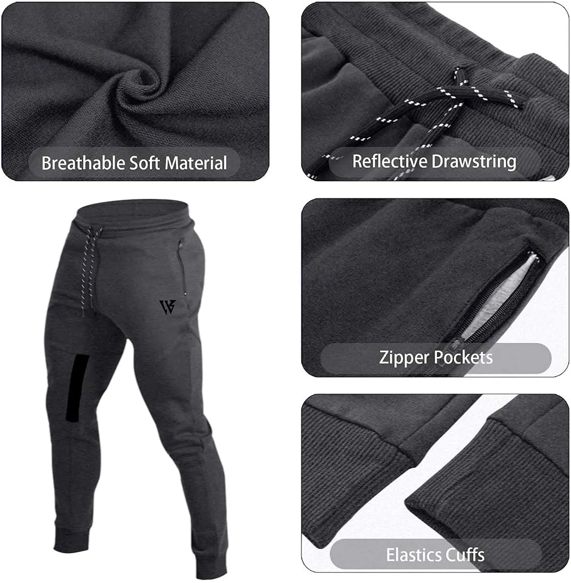 ZENWILL Mens Tapered Workout Running Pants,Gym Jogger Training Sweatpants Slim Fit with Zip Pockets