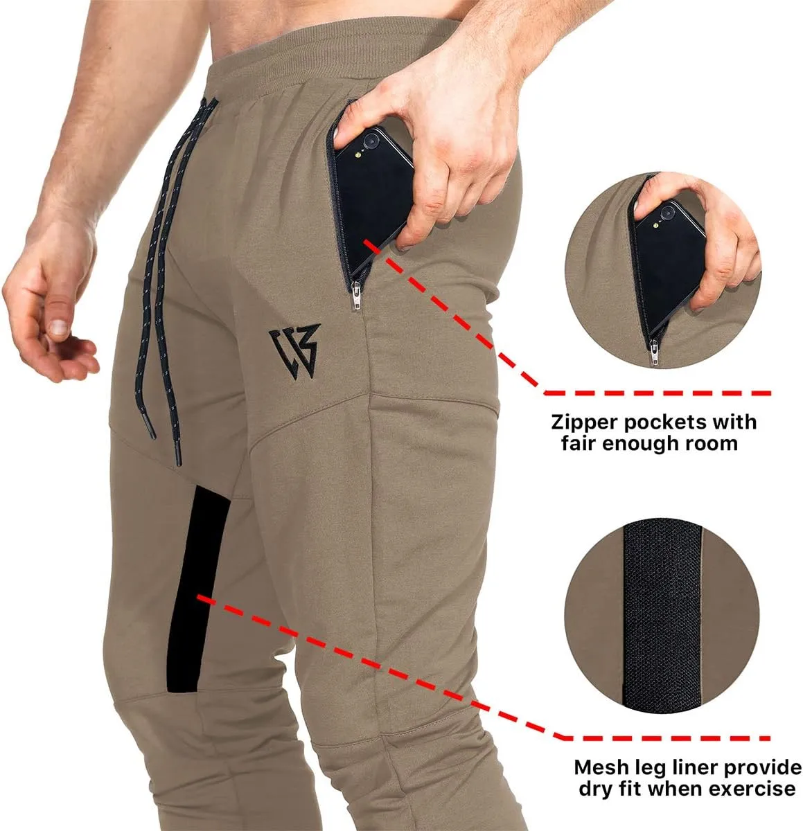 ZENWILL Mens Tapered Workout Running Pants,Gym Jogger Training Sweatpants Slim Fit with Zip Pockets