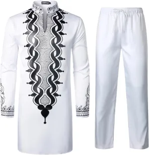 ZEROYAA Men's Africa Suit Long Sleeve Bronzing Print Shirt and Pants Outfit Traditional 2 Piece Set