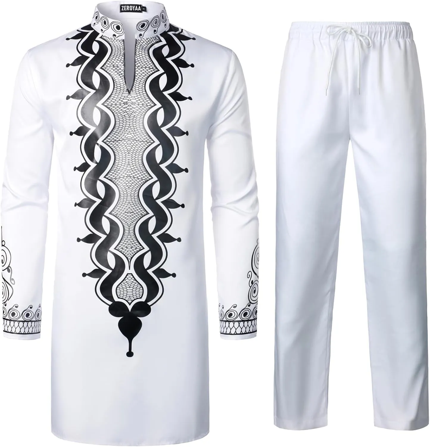 ZEROYAA Men's Africa Suit Long Sleeve Bronzing Print Shirt and Pants Outfit Traditional 2 Piece Set