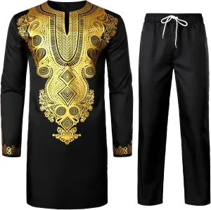 ZEROYAA Men's Africa Suit Long Sleeve Bronzing Print Shirt and Pants Outfit Traditional 2 Piece Set